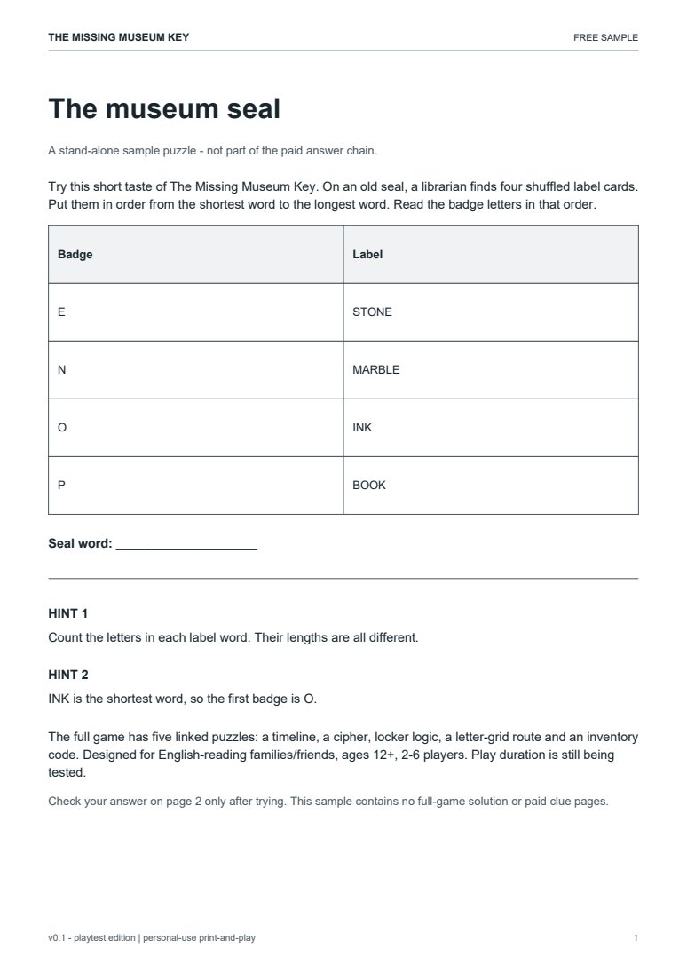 Actual working page 1 of the free missing-museum-key sample