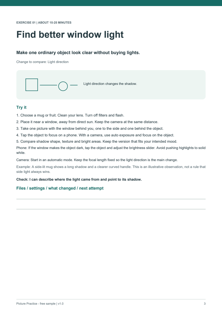 Actual working page 3 of the free photography-practice-workbook sample