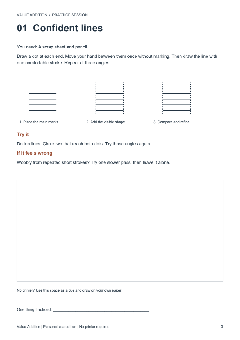 Actual working page 3 of the free sketching-practice-workbook sample